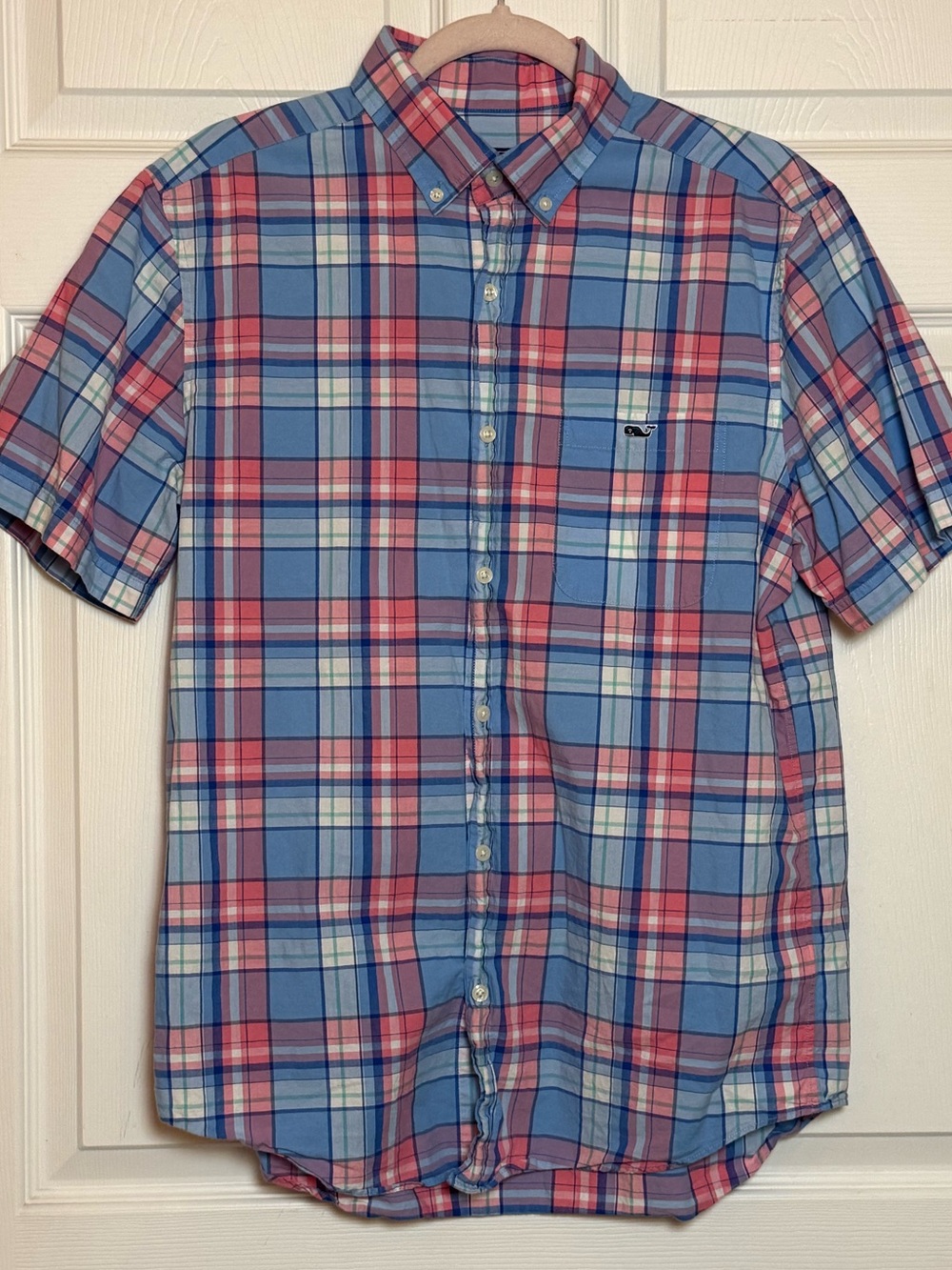 Vineyard Vines Mens Short-Sleeve Plaid Button-Down - Blue & Pink